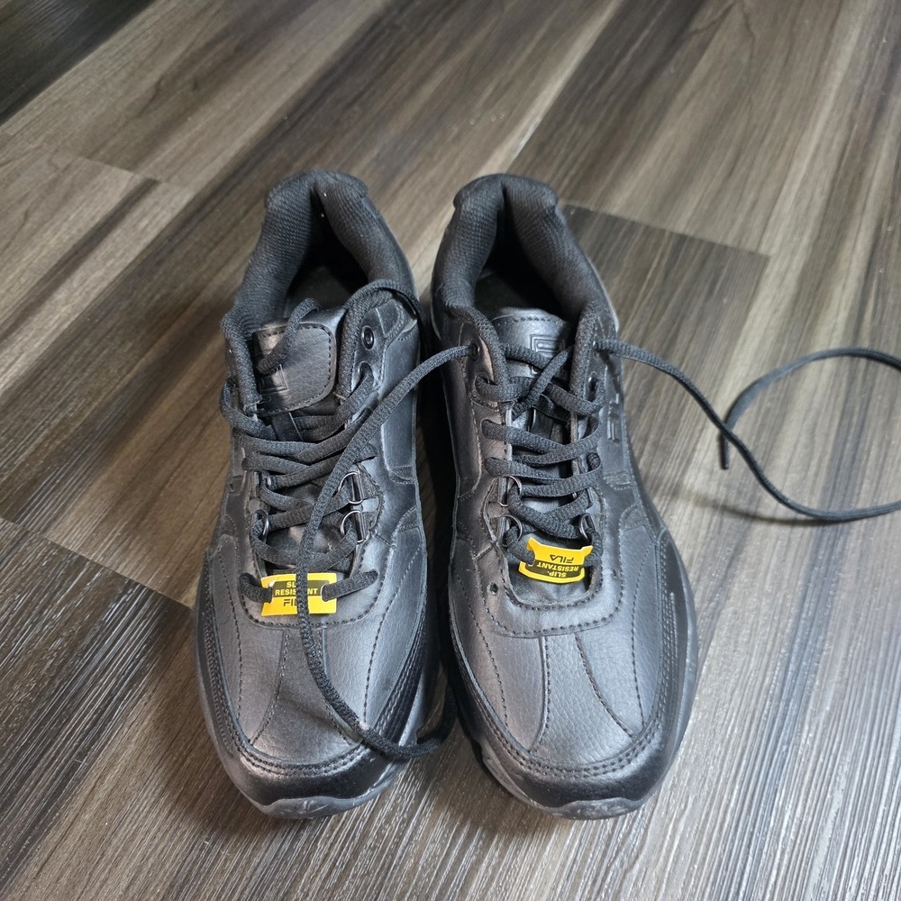 Fila Work Shoes Mens 10 Black Leather Slip Resistant Memory Foam